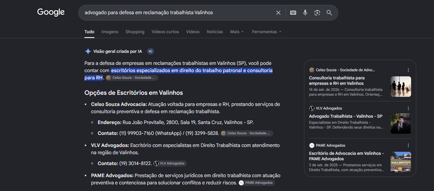 Print do AI Overview do Google com Celso Souza Advocacia em primeiro nas Opcoes de Escritorios em Valinhos para defesa em reclamacao trabalhista, com endereco e contato