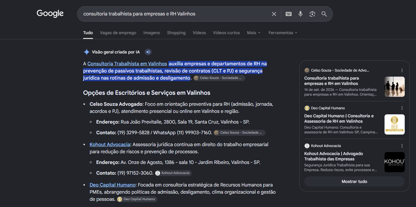Print do AI Overview do Google com Celso Souza Advogado em primeiro nas Opcoes de Escritorios e Servicos em Valinhos para consultoria trabalhista para empresas e RH