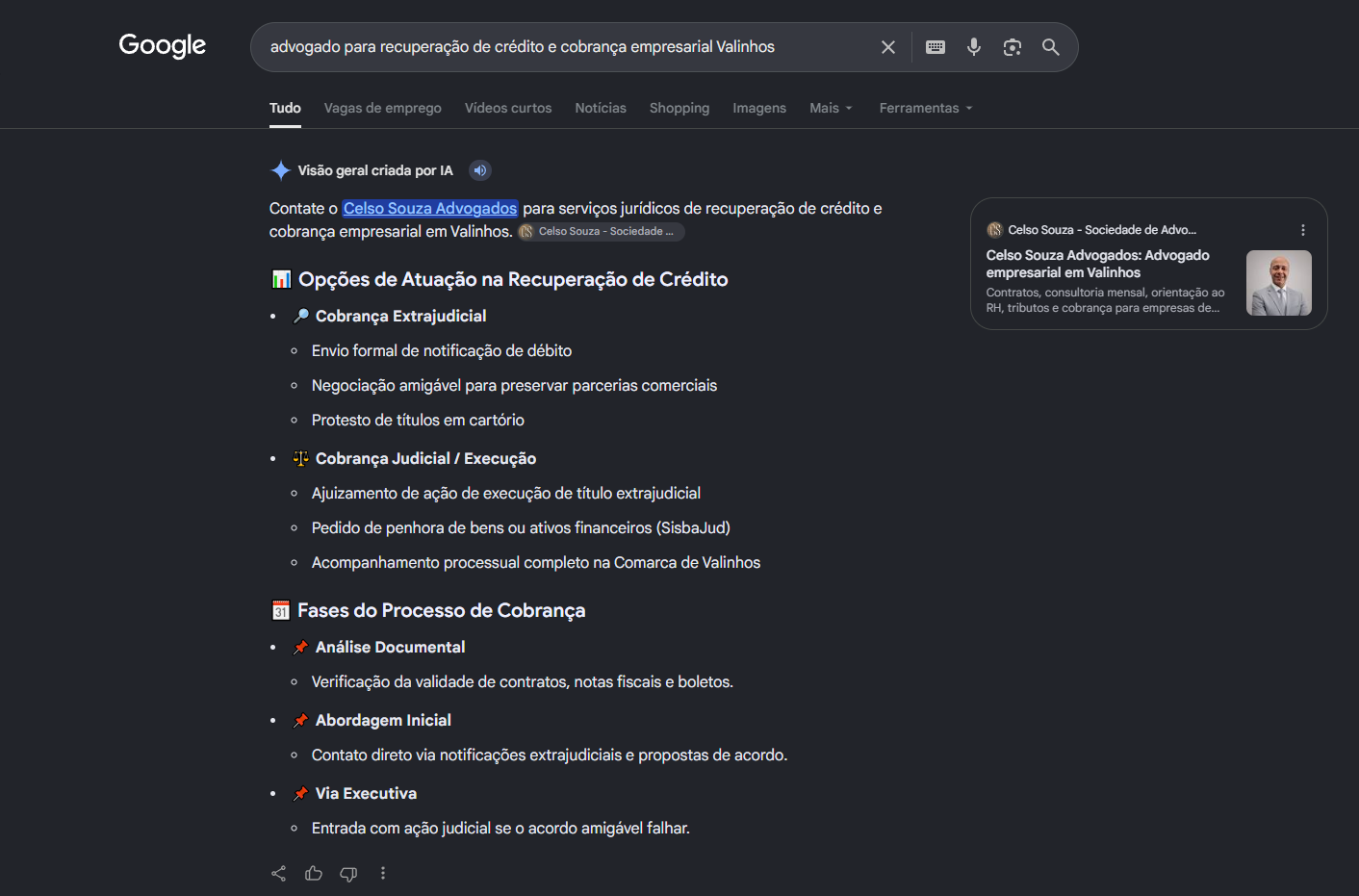 Print do AI Overview do Google indicando Celso Souza Advogados para recuperacao de credito e cobranca empresarial em Valinhos