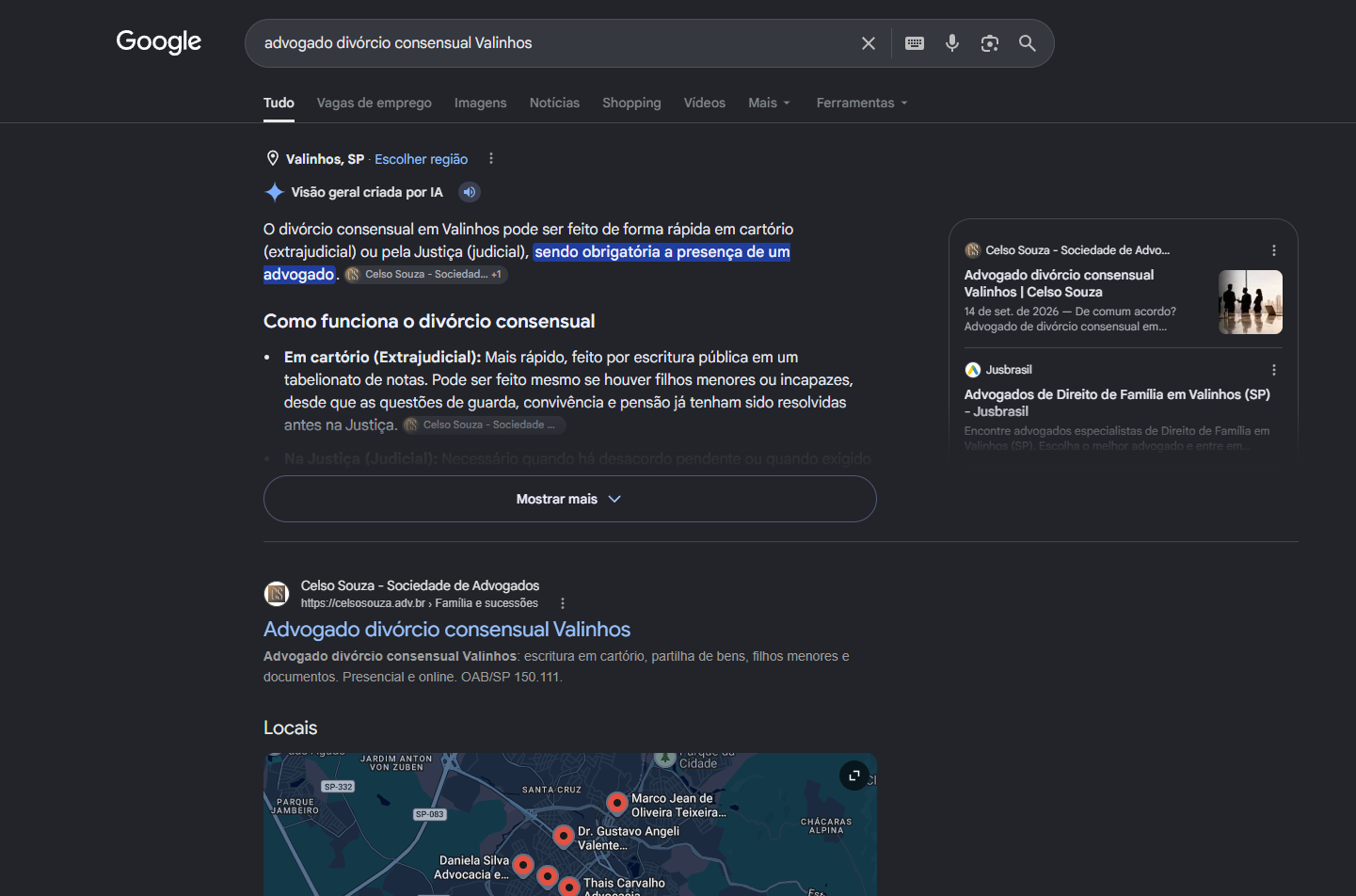 Print do Google com a Visao geral criada por IA usando o site do Celso Souza como fonte e a pagina de divorcio consensual em primeiro no organico em Valinhos