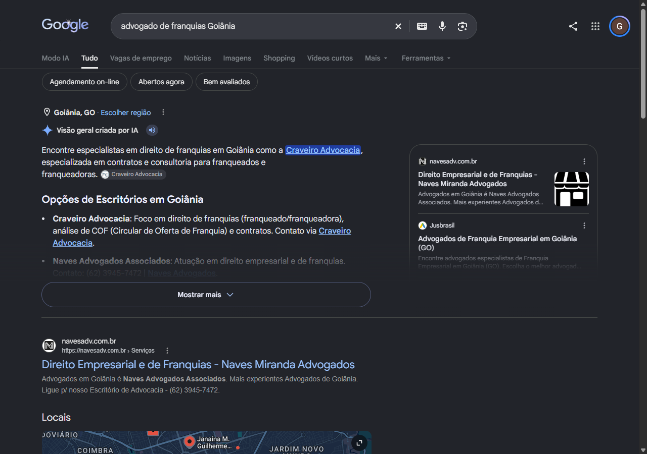 Print da visão geral criada por IA do Google abrindo com a Craveiro Advocacia para advogado de franquias em Goiânia
