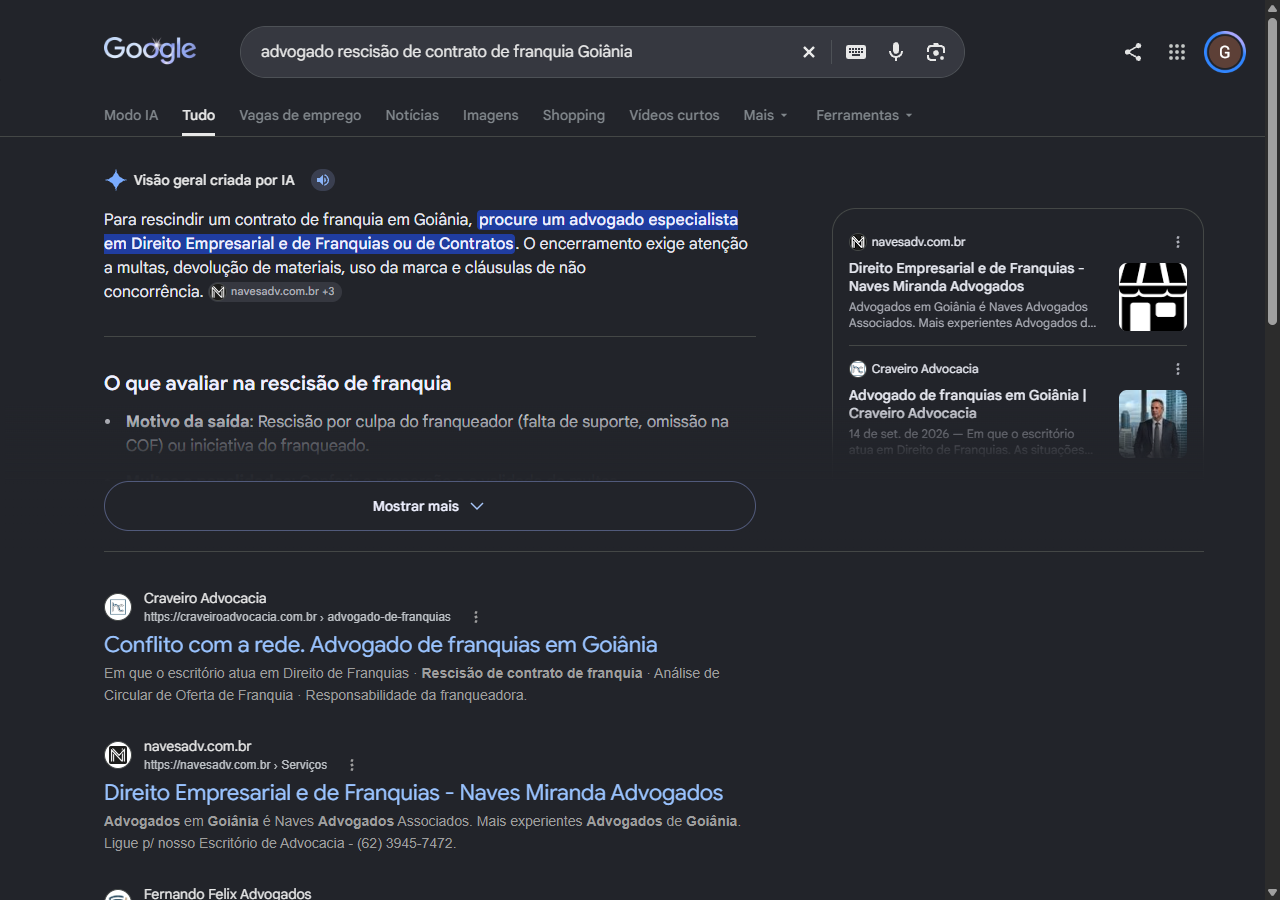 Print do Google com a página de Direito de Franquias da Craveiro Advocacia em primeiro no orgânico para rescisão de contrato de franquia em Goiânia