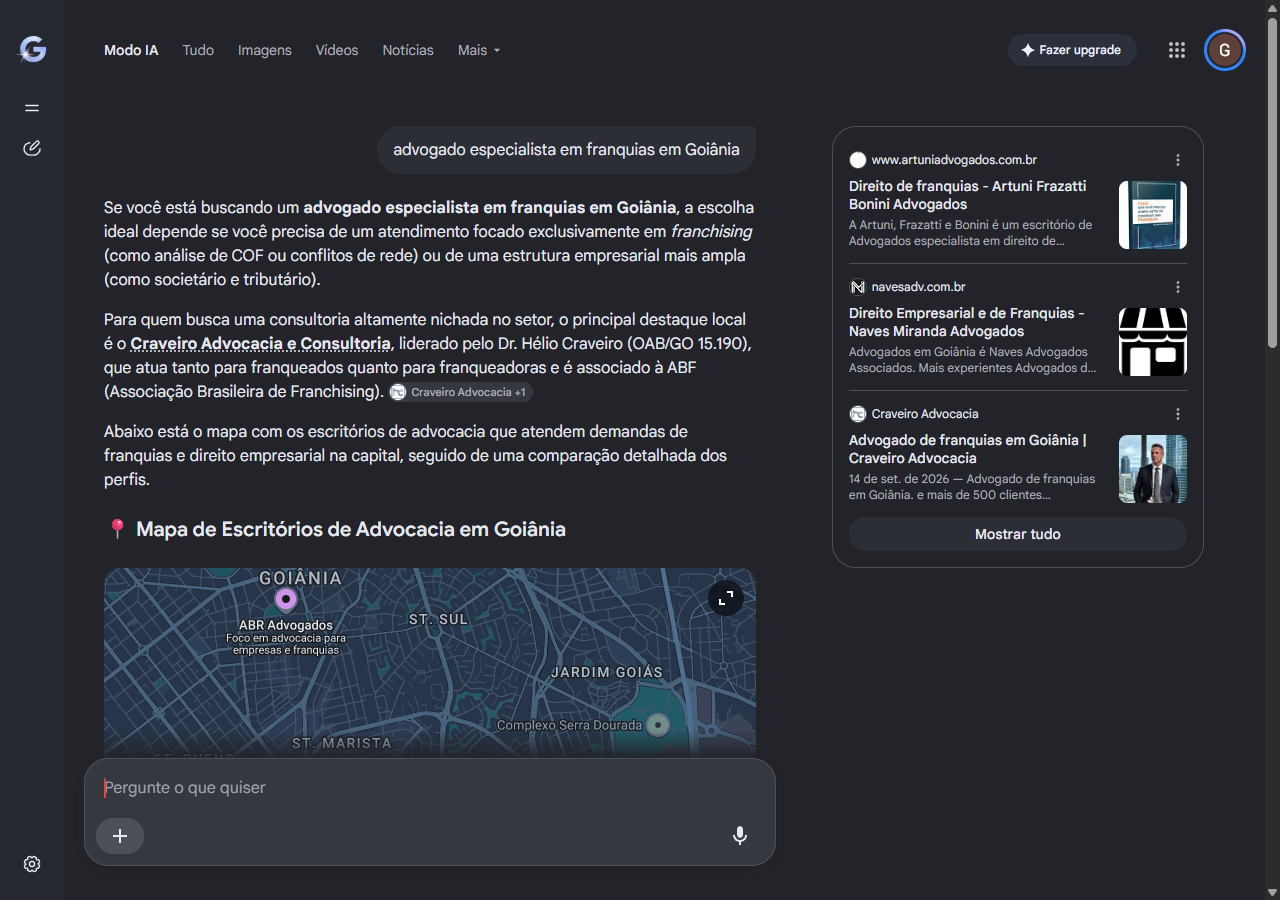 Print do Modo IA do Google citando a Craveiro Advocacia como principal destaque local para advogado especialista em franquias em Goiânia