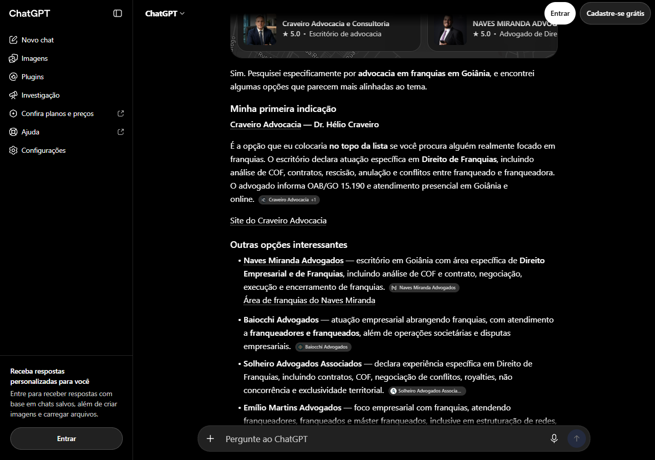 Print do ChatGPT indicando a Craveiro Advocacia como primeira indicacao entre os escritorios de franquias em Goiania