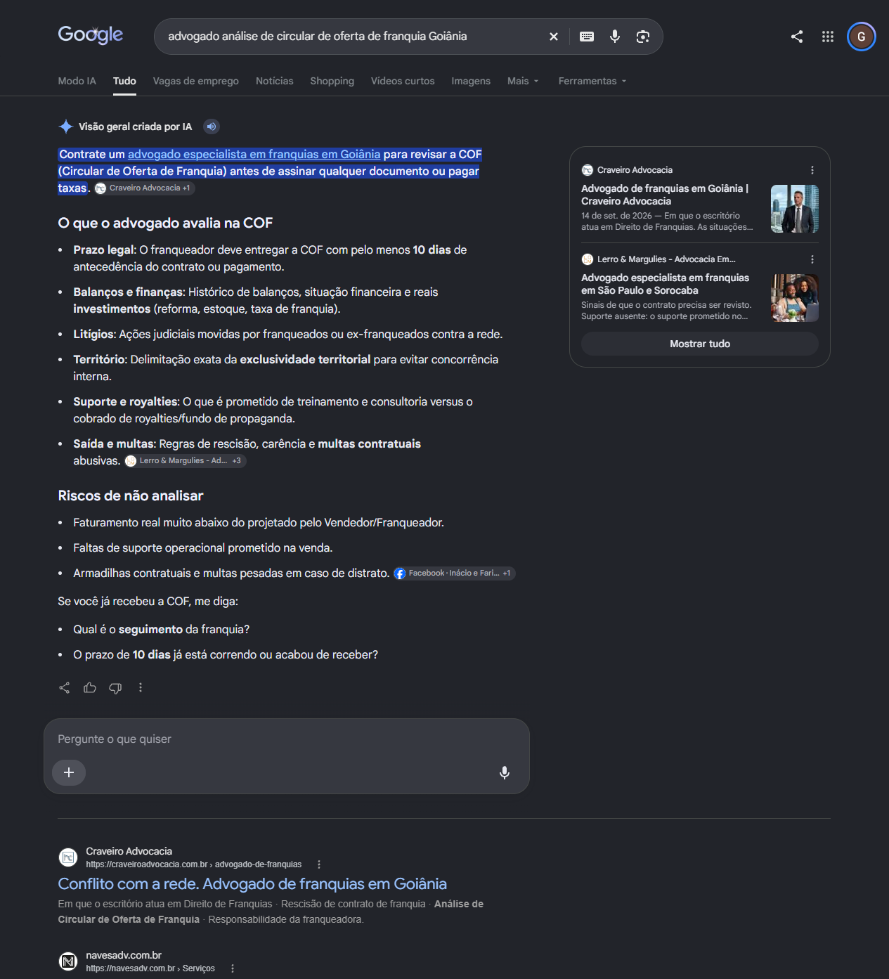 Print do Google com a Craveiro Advocacia como fonte da visao geral por IA e em primeiro no organico para analise de circular de oferta de franquia em Goiania