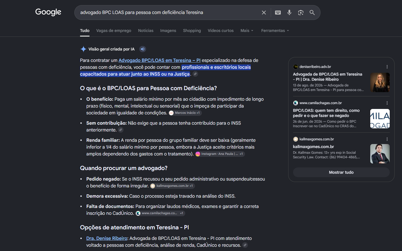 Print do AI Overview do Google para advogado BPC LOAS para pessoa com deficiência em Teresina, com a Dra. Denise Ribeiro abrindo as opções de atendimento