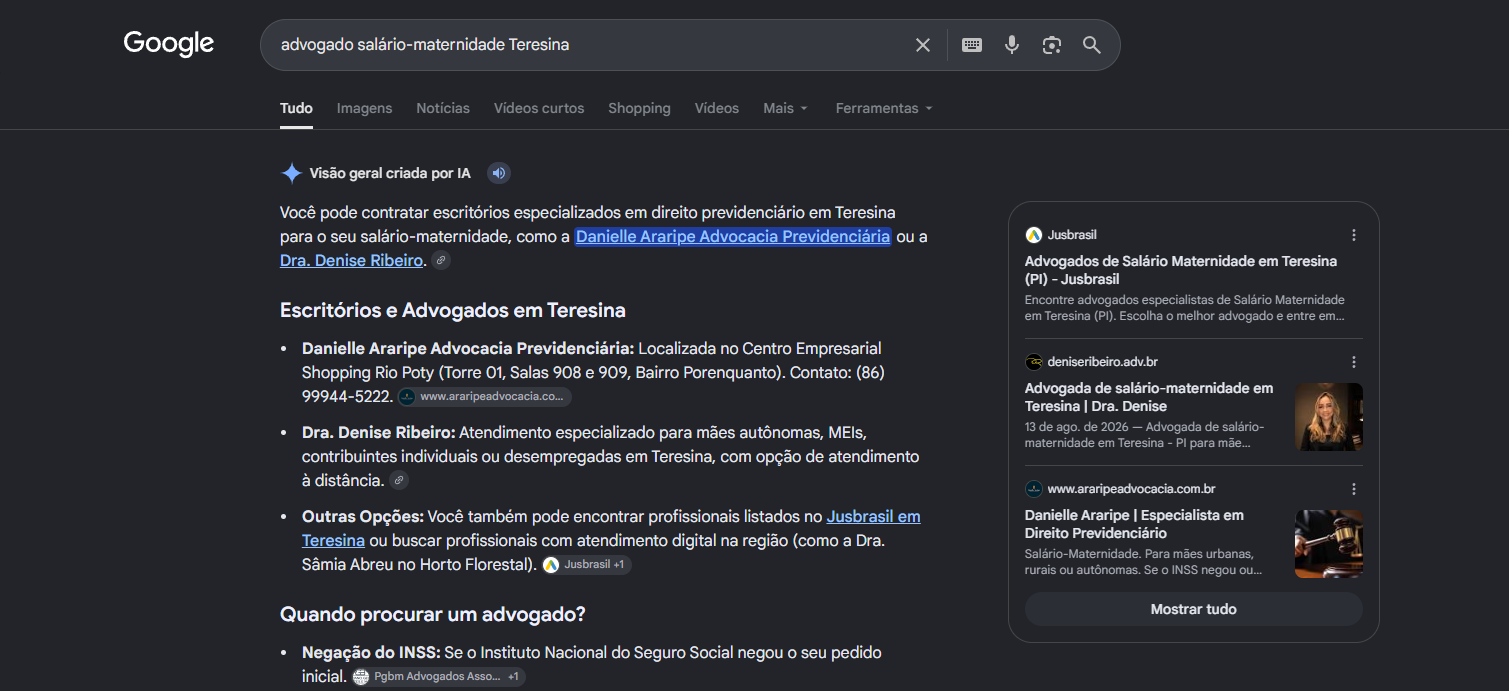 Print do AI Overview do Google para advogado salário-maternidade em Teresina citando a Dra. Denise Ribeiro pelo nome