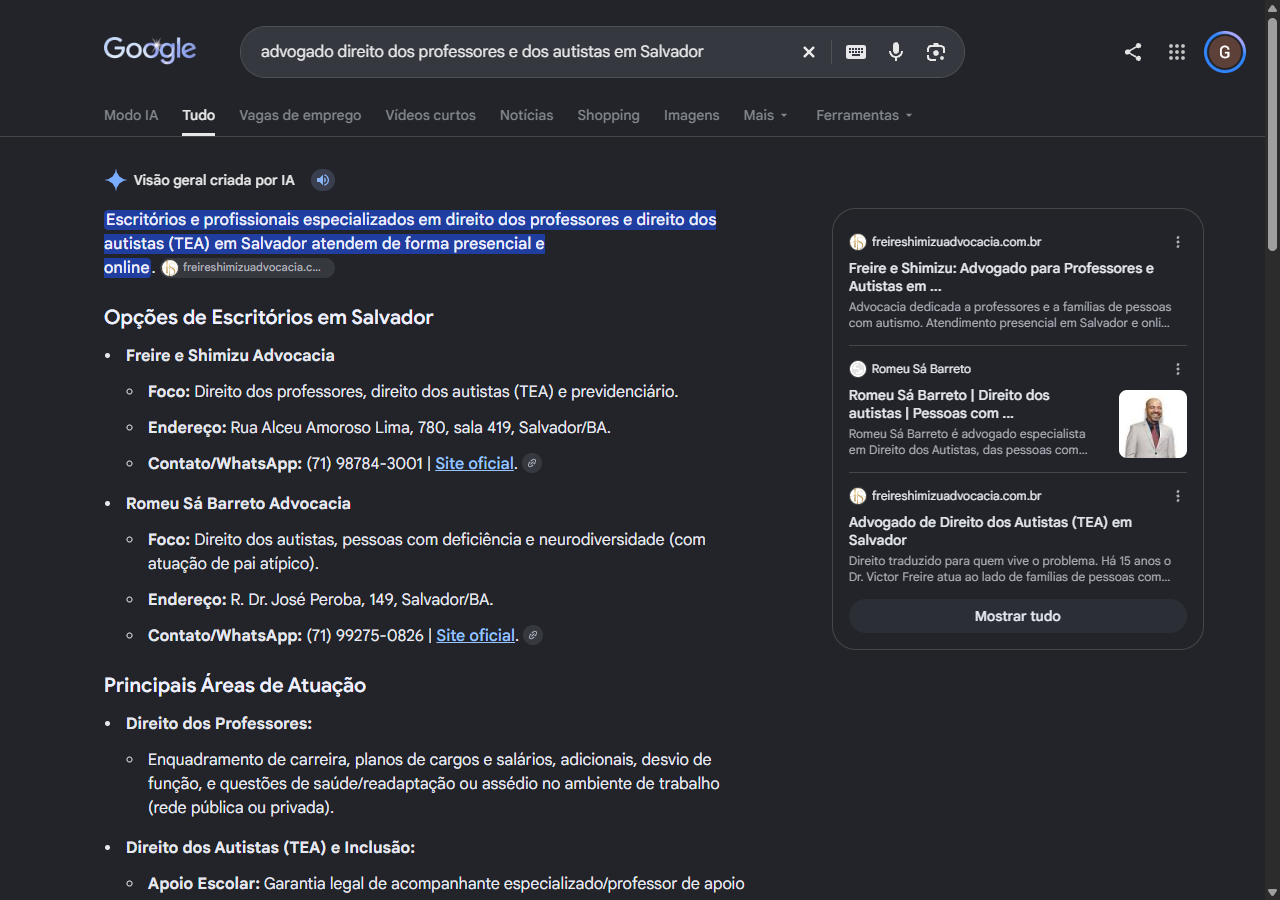 Print da visao geral por IA do Google com a Freire e Shimizu Advocacia em primeiro na lista de escritorios em Salvador para direito dos professores e dos autistas