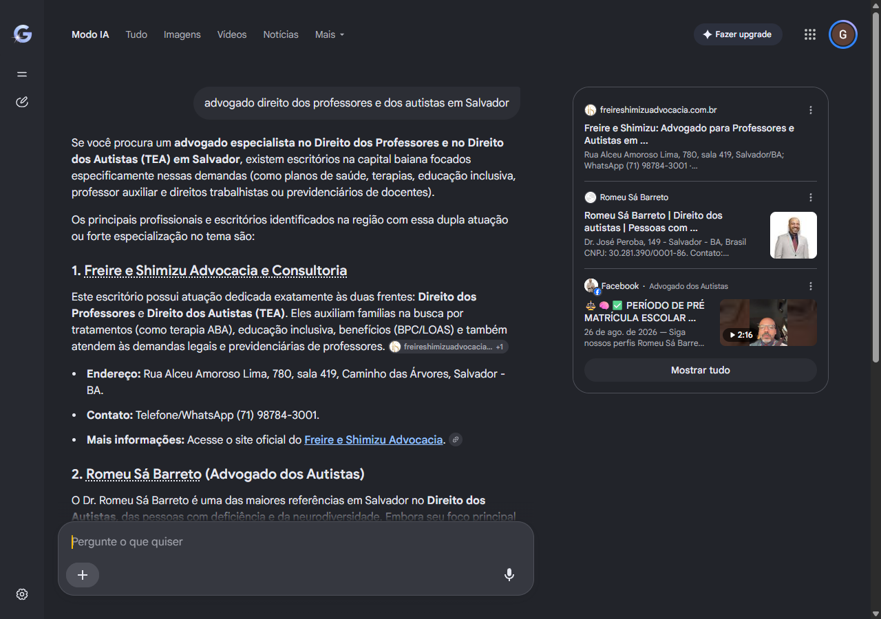 Print do Modo IA do Google com a Freire e Shimizu Advocacia e Consultoria como item 1 da lista para direito dos professores e dos autistas em Salvador