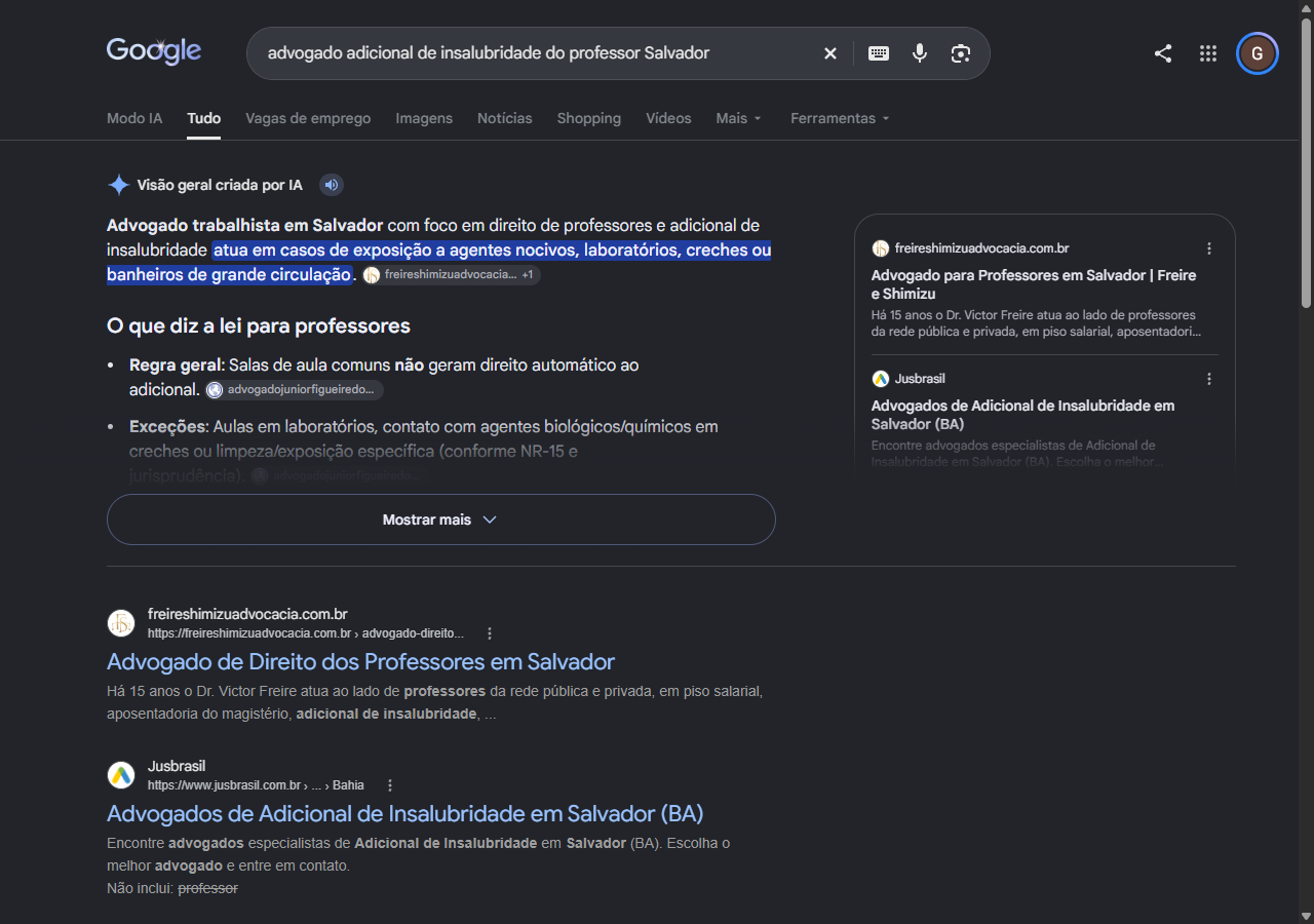Print do Google com freireshimizuadvocacia.com.br em primeiro no organico para adicional de insalubridade do professor em Salvador