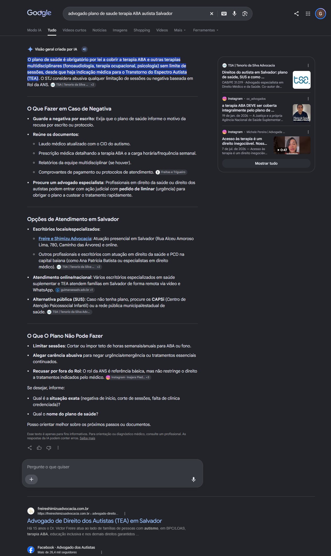 Print do Google com a Freire e Shimizu Advocacia citada na visao geral por IA e em primeiro no organico para plano de saude e terapia ABA para autista em Salvador
