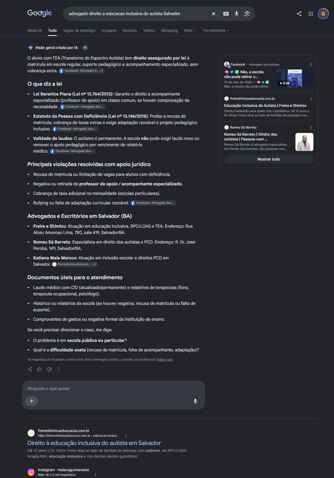 Print do Google com a Freire e Shimizu em primeiro na lista da visao geral por IA e em primeiro no organico para educacao inclusiva do autista em Salvador
