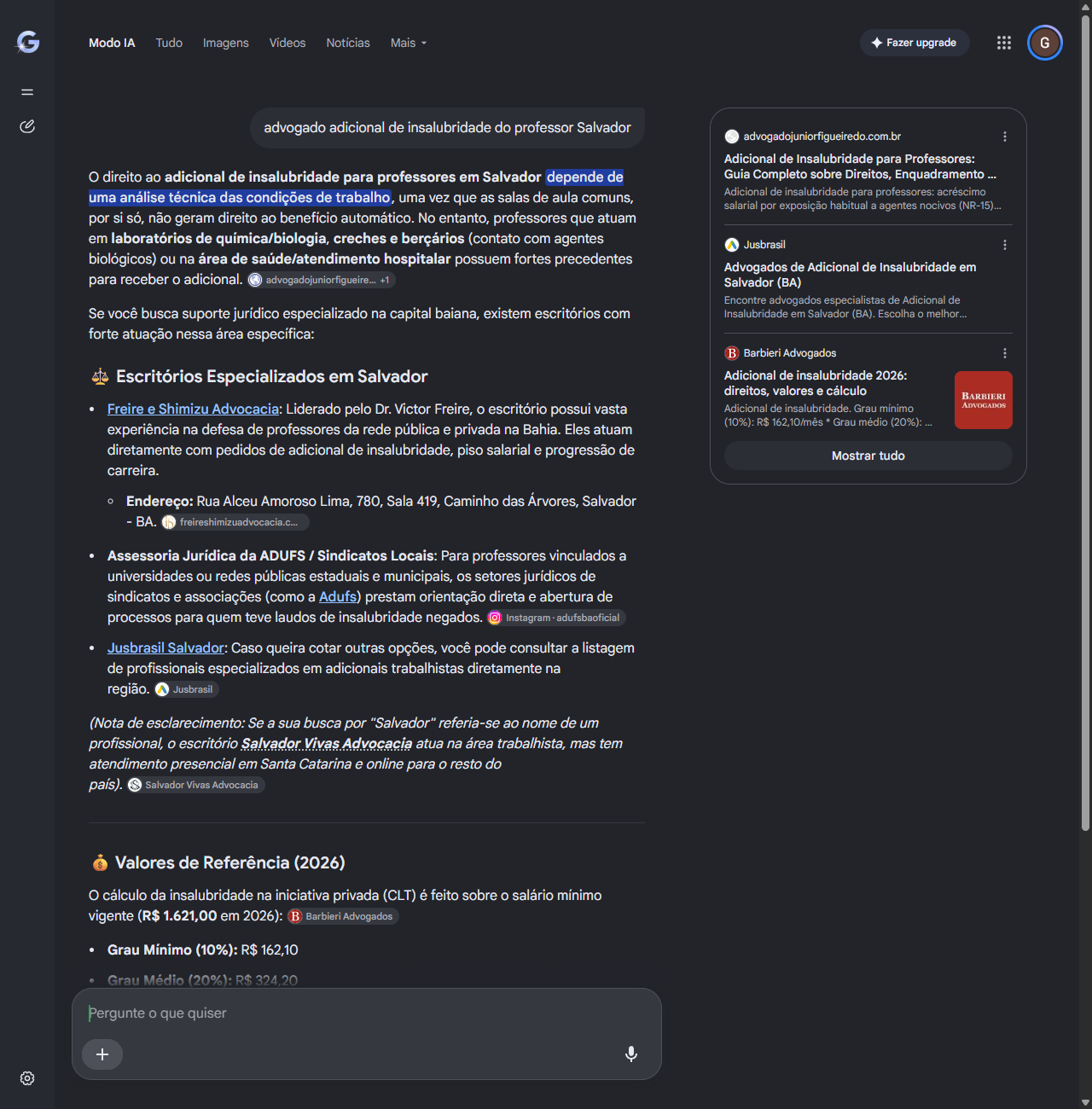 Print do Modo IA do Google com a Freire e Shimizu Advocacia como primeiro escritorio especializado em Salvador para adicional de insalubridade do professor