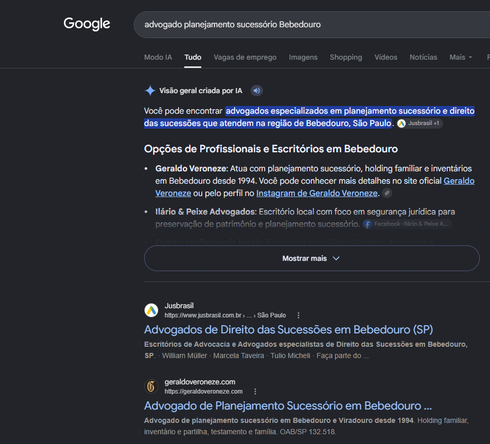 Print do Google com o AI Overview citando Geraldo Veroneze em primeiro nas opcoes de Bebedouro e o site dele como primeiro escritorio no organico para planejamento sucessorio