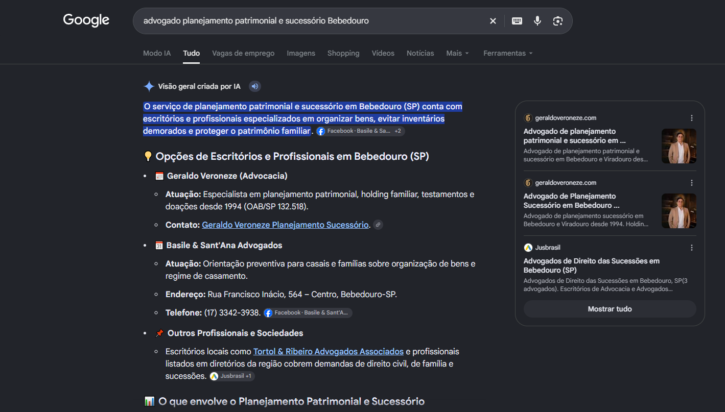 Print do AI Overview do Google com Geraldo Veroneze Advocacia em primeiro nas opcoes de Bebedouro para planejamento patrimonial e sucessorio e duas paginas do site como fontes