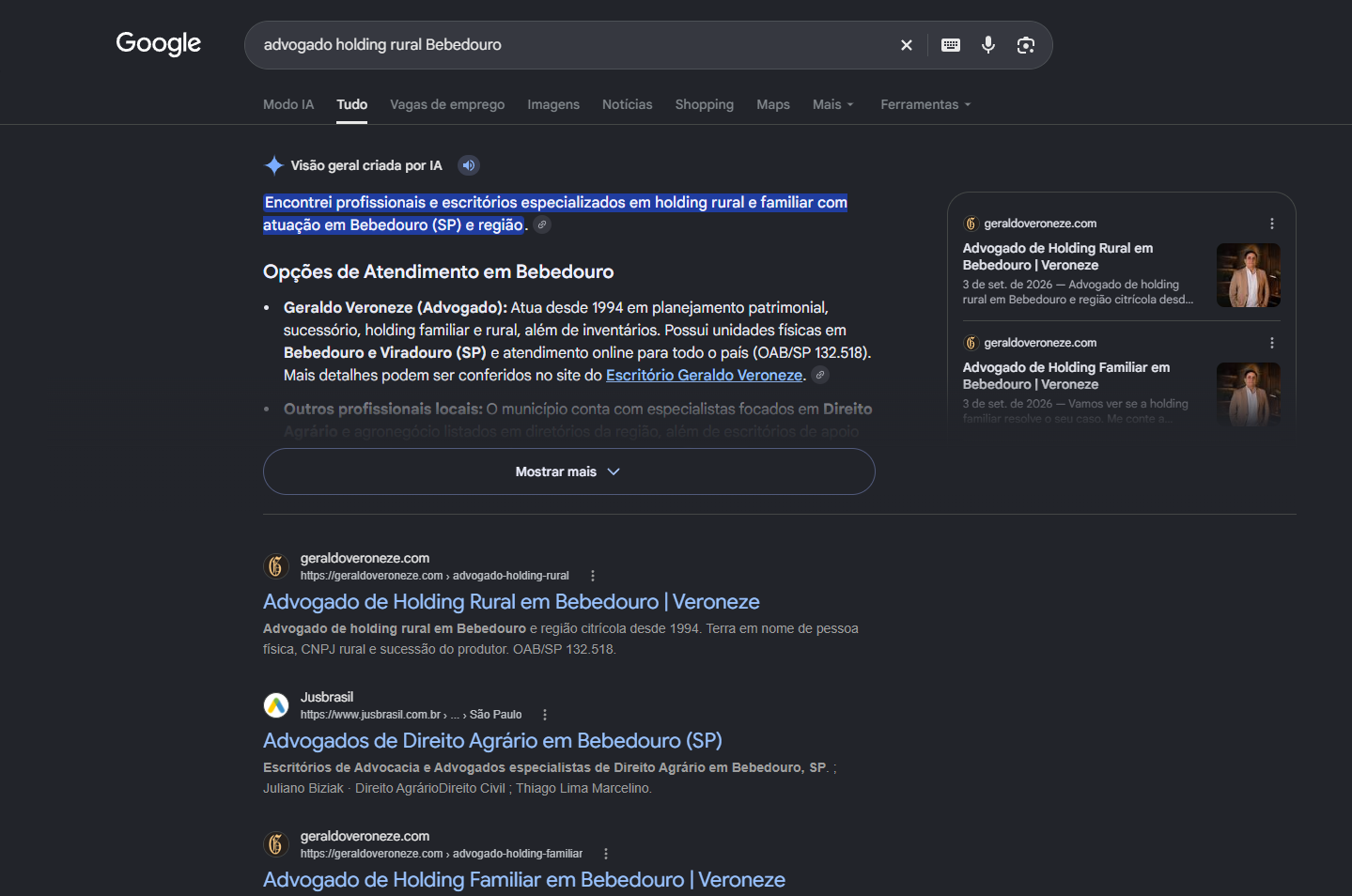 Print do Google com o AI Overview citando Geraldo Veroneze em primeiro nas opcoes de atendimento em Bebedouro e a pagina de holding rural do site em primeiro no organico