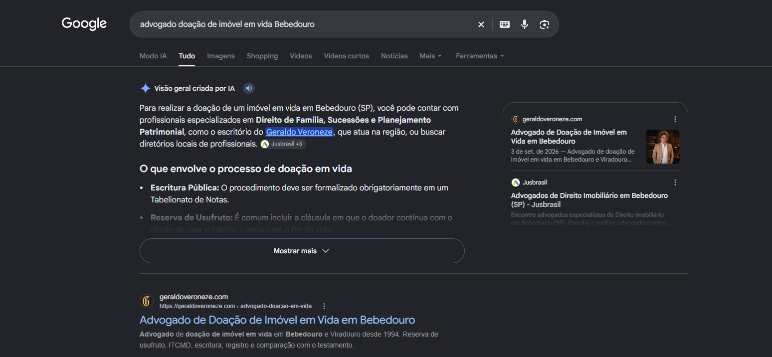 Print do Google com o AI Overview citando o escritorio de Geraldo Veroneze e a pagina de doacao de imovel em vida em primeiro no organico em Bebedouro