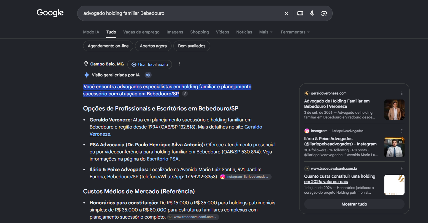 Print do AI Overview do Google com Geraldo Veroneze em primeiro nas opcoes de Bebedouro para holding familiar e a pagina do site como primeira fonte
