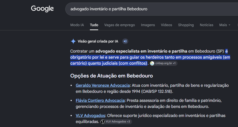 Print do AI Overview do Google com Geraldo Veroneze Advocacia em primeiro nas opcoes de atuacao em Bebedouro para inventario e partilha