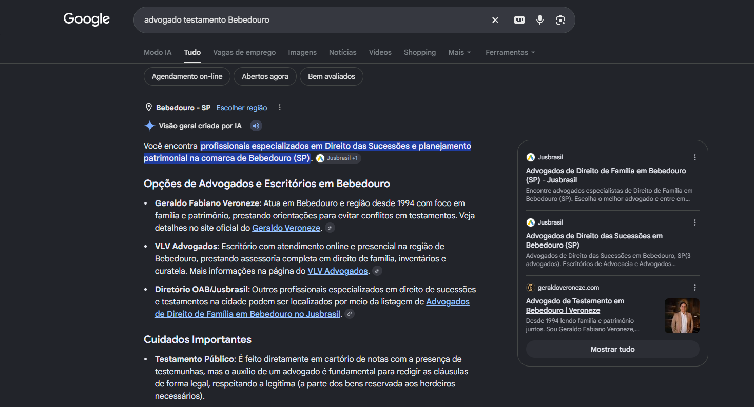 Print do AI Overview do Google com localizacao Bebedouro SP citando Geraldo Fabiano Veroneze em primeiro nas opcoes de advogados para testamento