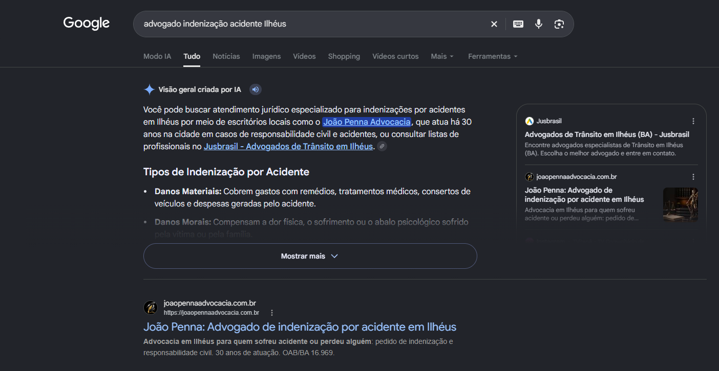 Print do Google com o AI Overview citando o Joao Penna Advocacia para indenizacao por acidente em Ilheus e o site do escritorio em primeiro no organico