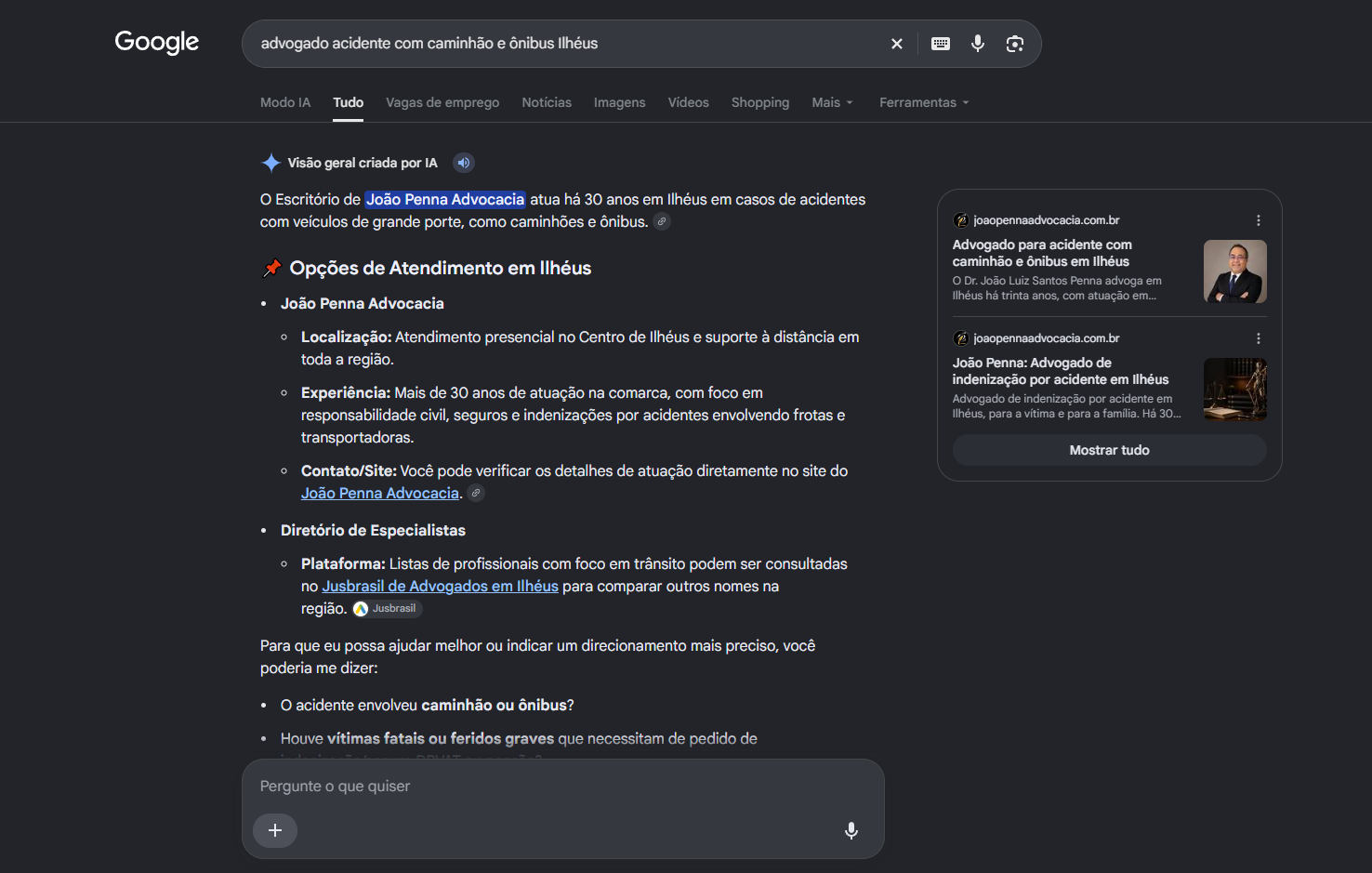 Print do AI Overview do Google com o Joao Penna Advocacia em primeiro nas opcoes de atendimento em Ilheus para acidente com caminhao e onibus e duas paginas do site como fontes