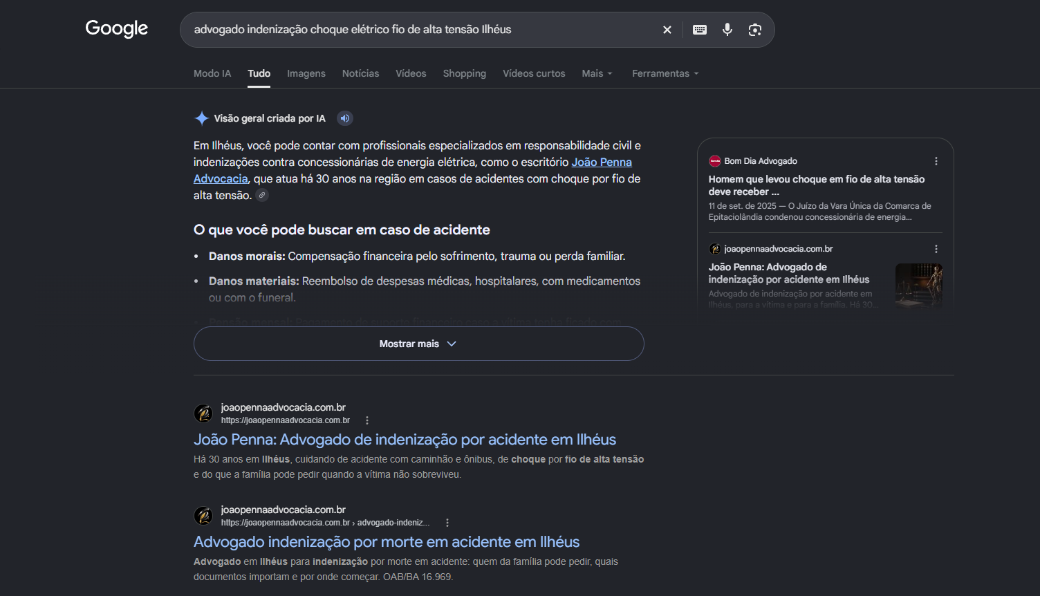 Print do Google com o AI Overview citando o Joao Penna Advocacia para choque eletrico por fio de alta tensao em Ilheus e duas paginas do site nos dois primeiros resultados organicos