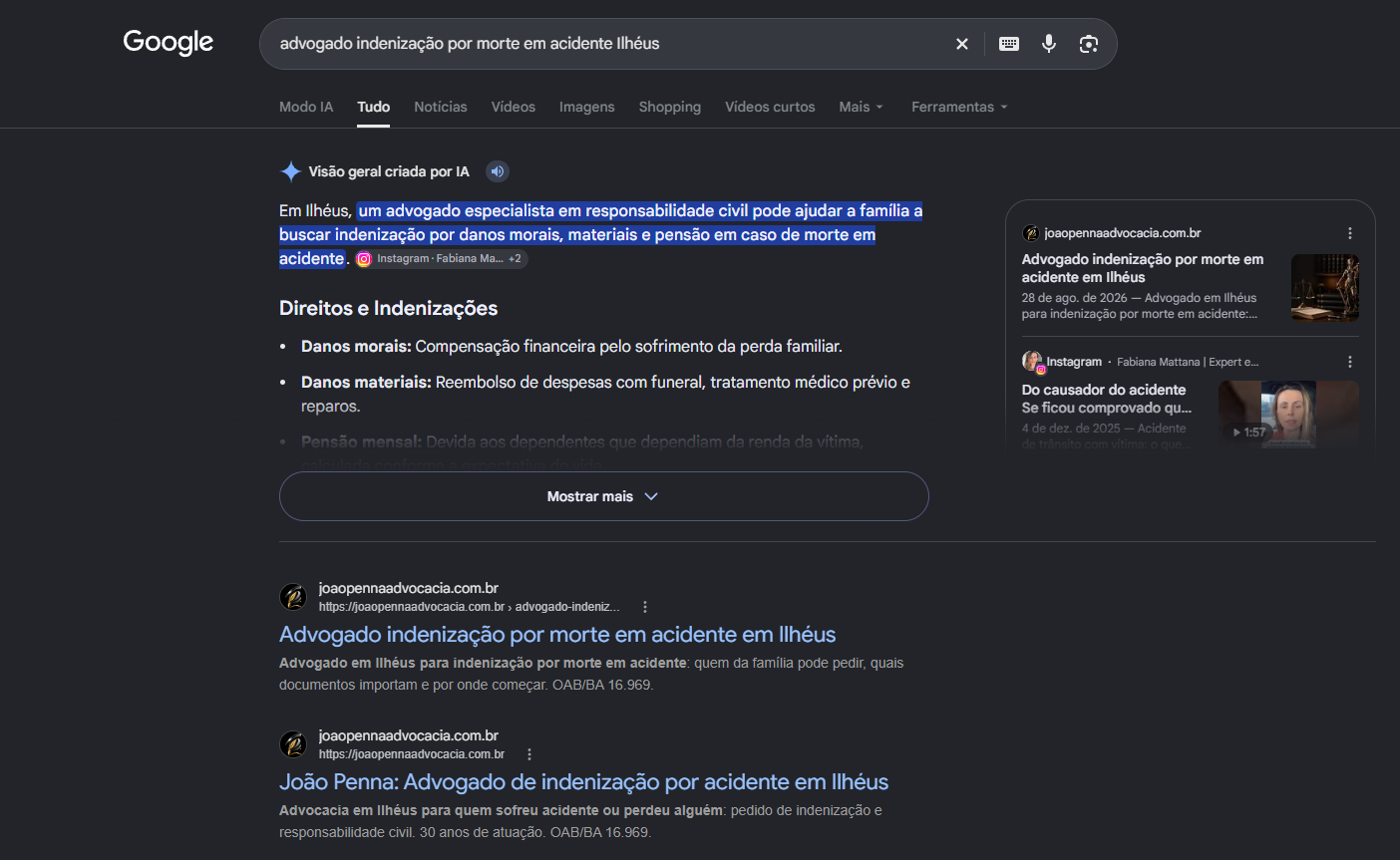Print do Google com a pagina de indenizacao por morte em acidente do Joao Penna Advocacia em primeiro e a home em segundo no organico em Ilheus