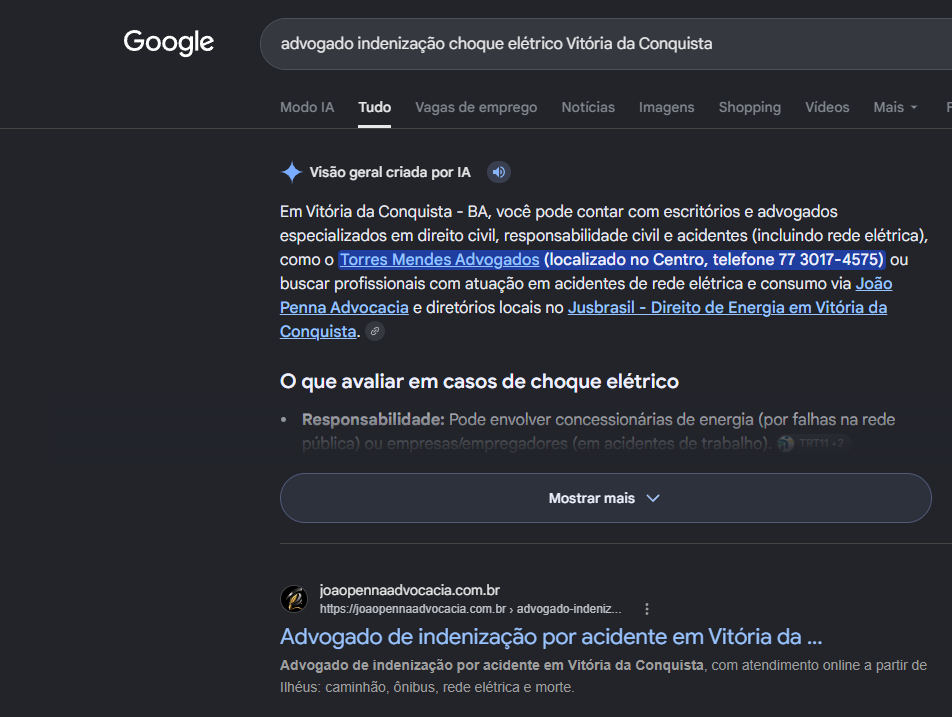 Print do Google com a visão geral criada por IA citando o João Penna Advocacia para choque elétrico em Vitória da Conquista e a página da cidade em primeiro no orgânico