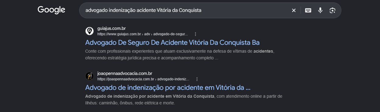 Print do Google com a pagina de indenizacao por acidente em Vitoria da Conquista do Joao Penna Advocacia em segundo no organico