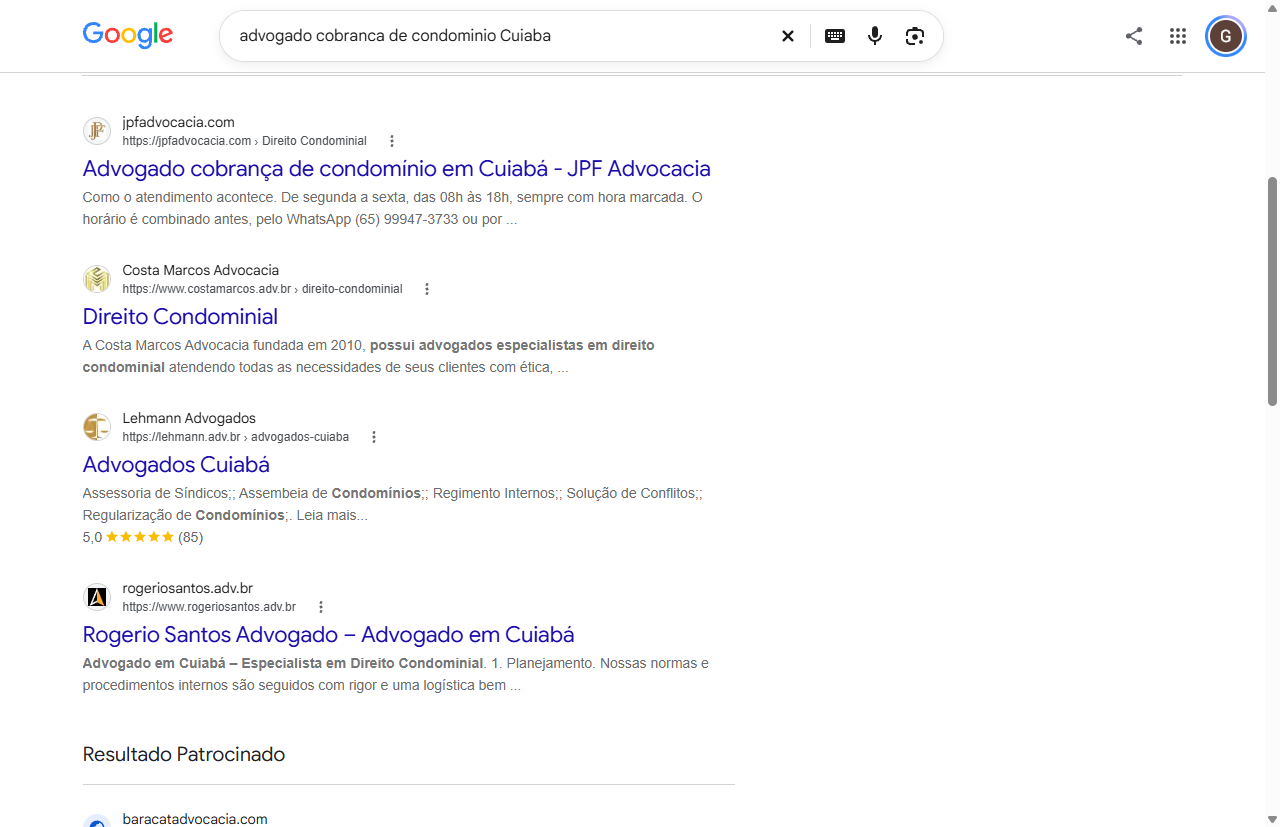 Print do Google com a página de cobrança de condomínio da JPF Advocacia em primeiro no orgânico em Cuiabá