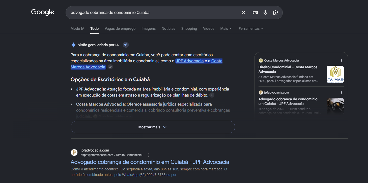 Print do AI Overview do Google citando a JPF Advocacia em primeiro para cobranca de condominio em Cuiaba