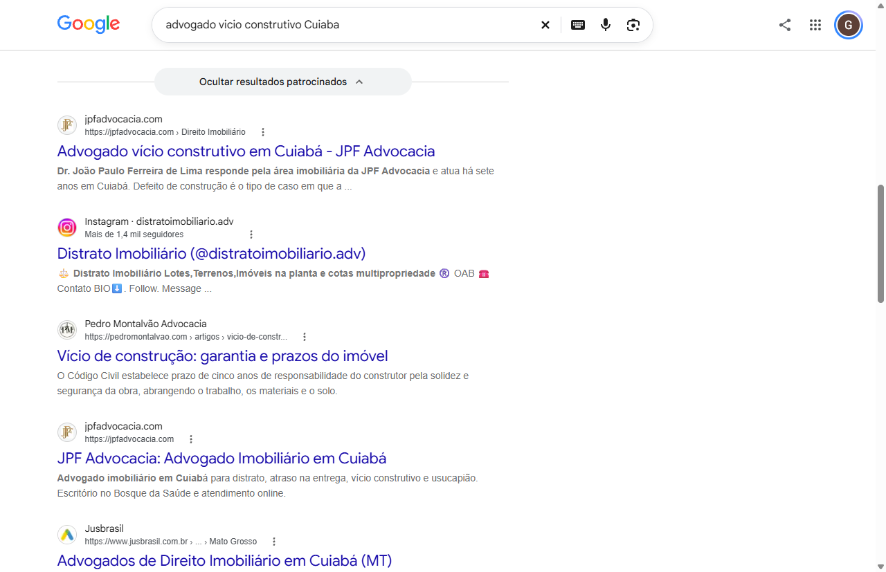 Print do Google com duas paginas da JPF Advocacia, em primeiro e em quarto no organico, para vicio construtivo em Cuiaba