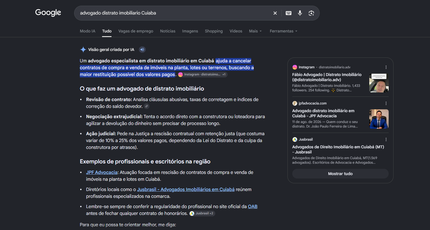 Print do AI Overview do Google com a JPF Advocacia em primeiro nos exemplos de escritorios para distrato imobiliario em Cuiaba