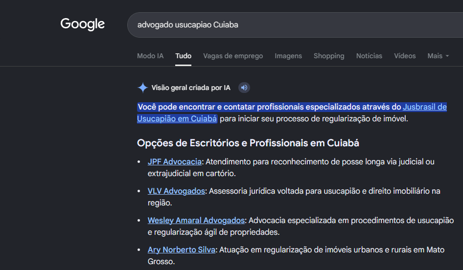 Print da visão geral criada por IA do Google com a JPF Advocacia em primeiro nas opções de escritórios para usucapião em Cuiabá