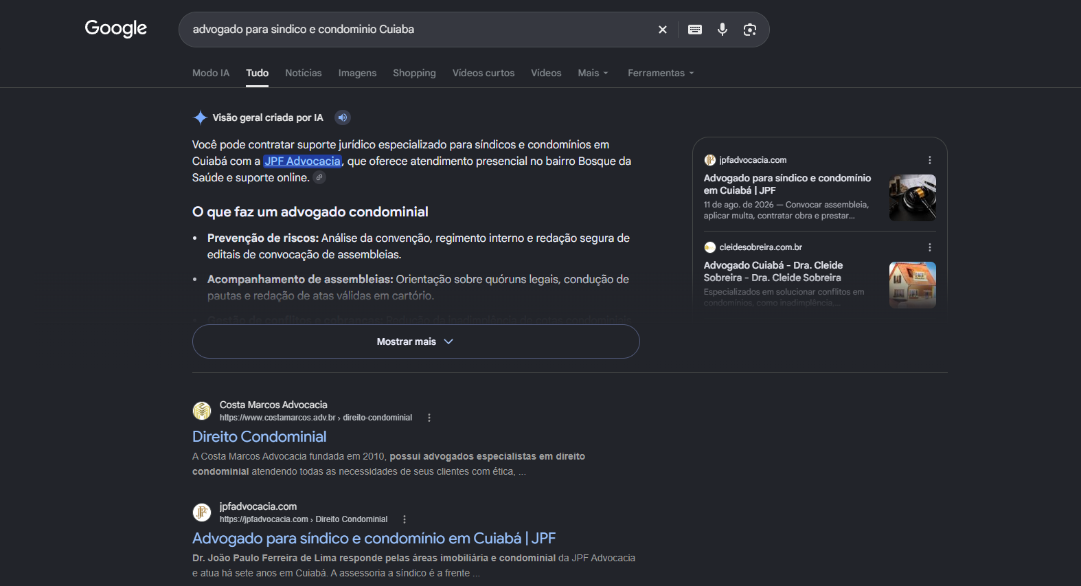 Print do AI Overview do Google indicando a JPF Advocacia para sindicos e condominios em Cuiaba, com a pagina do site como fonte