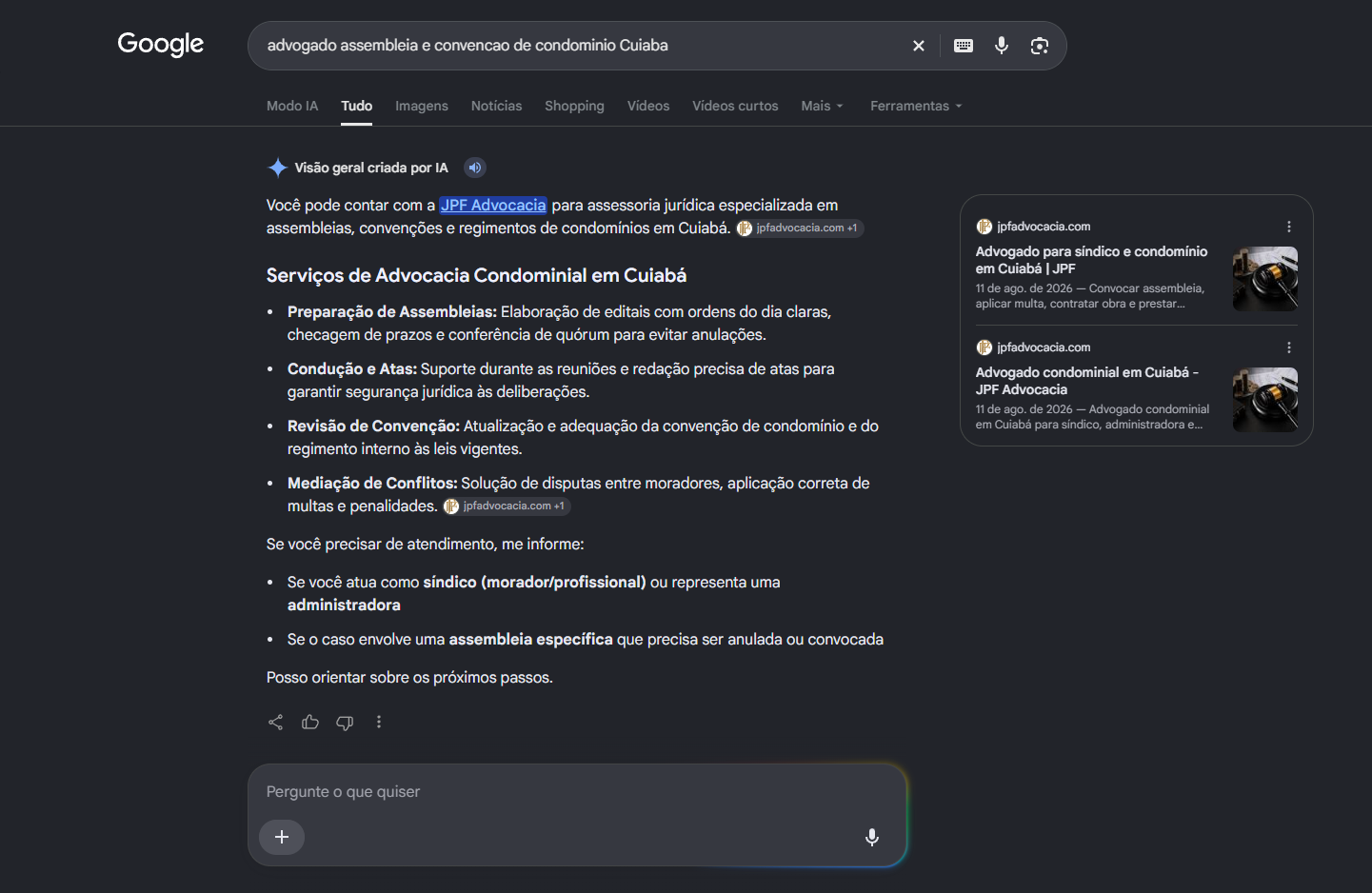 Print do AI Overview do Google citando a JPF Advocacia para assembleia e convencao de condominio em Cuiaba, com duas paginas do site como fontes