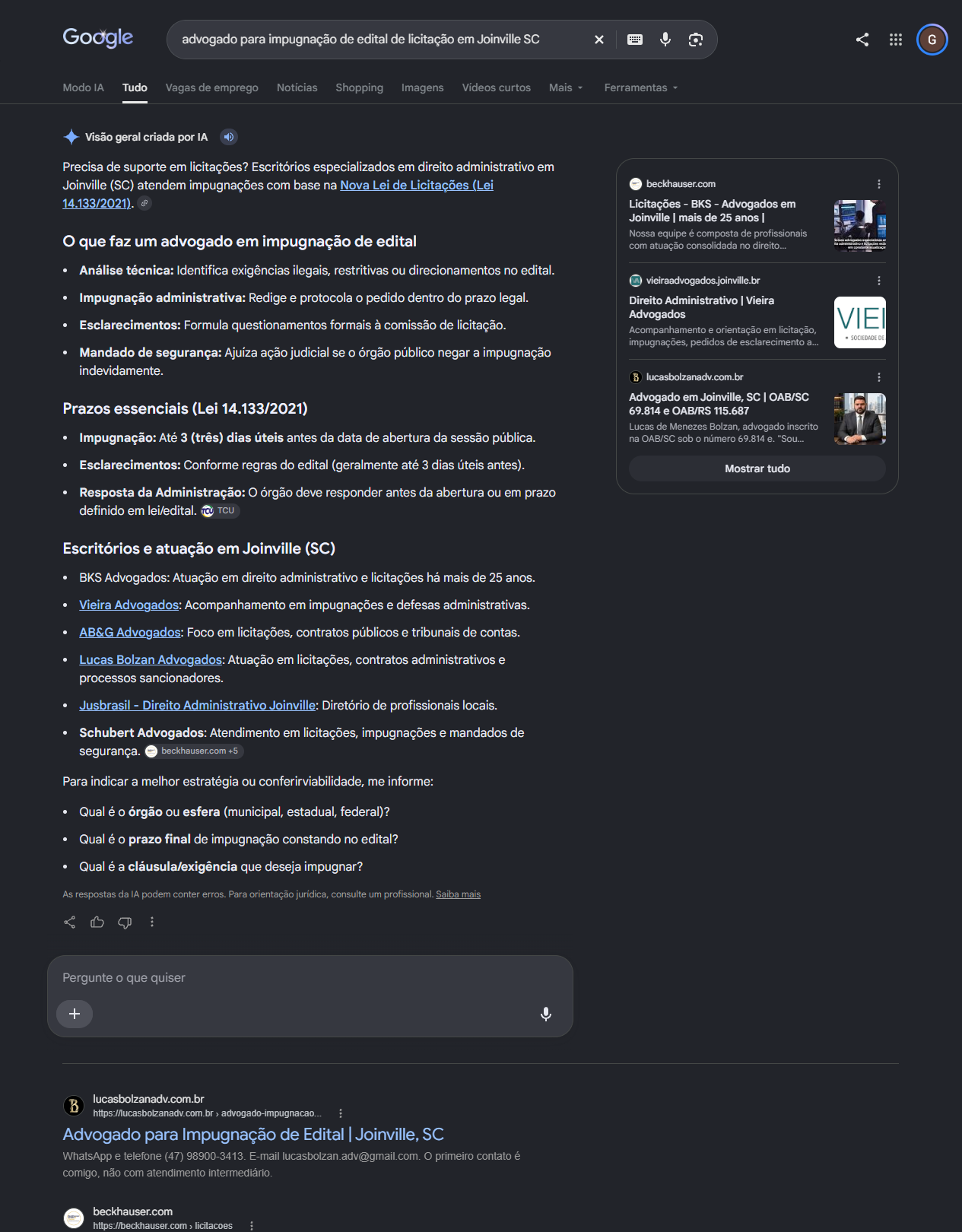Print do Google com a página de impugnação de edital de Lucas Bolzan em primeiro no orgânico em Joinville, abaixo da visão geral por IA que cita o advogado