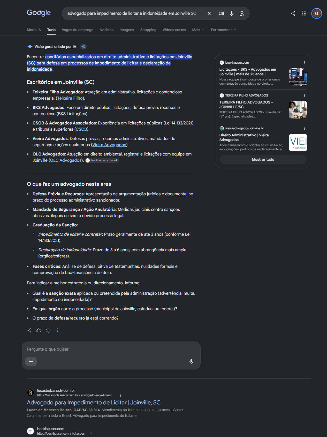 Print do Google com a pagina de impedimento de licitar de lucasbolzanadv.com.br em primeiro no organico em Joinville