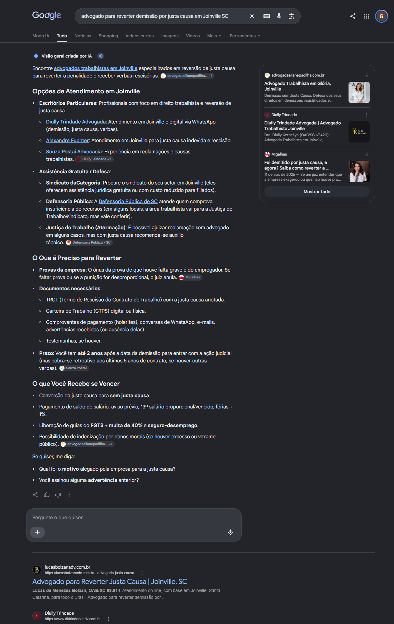 Print do Google com a página de reversão de justa causa de Lucas Bolzan em primeiro no orgânico em Joinville