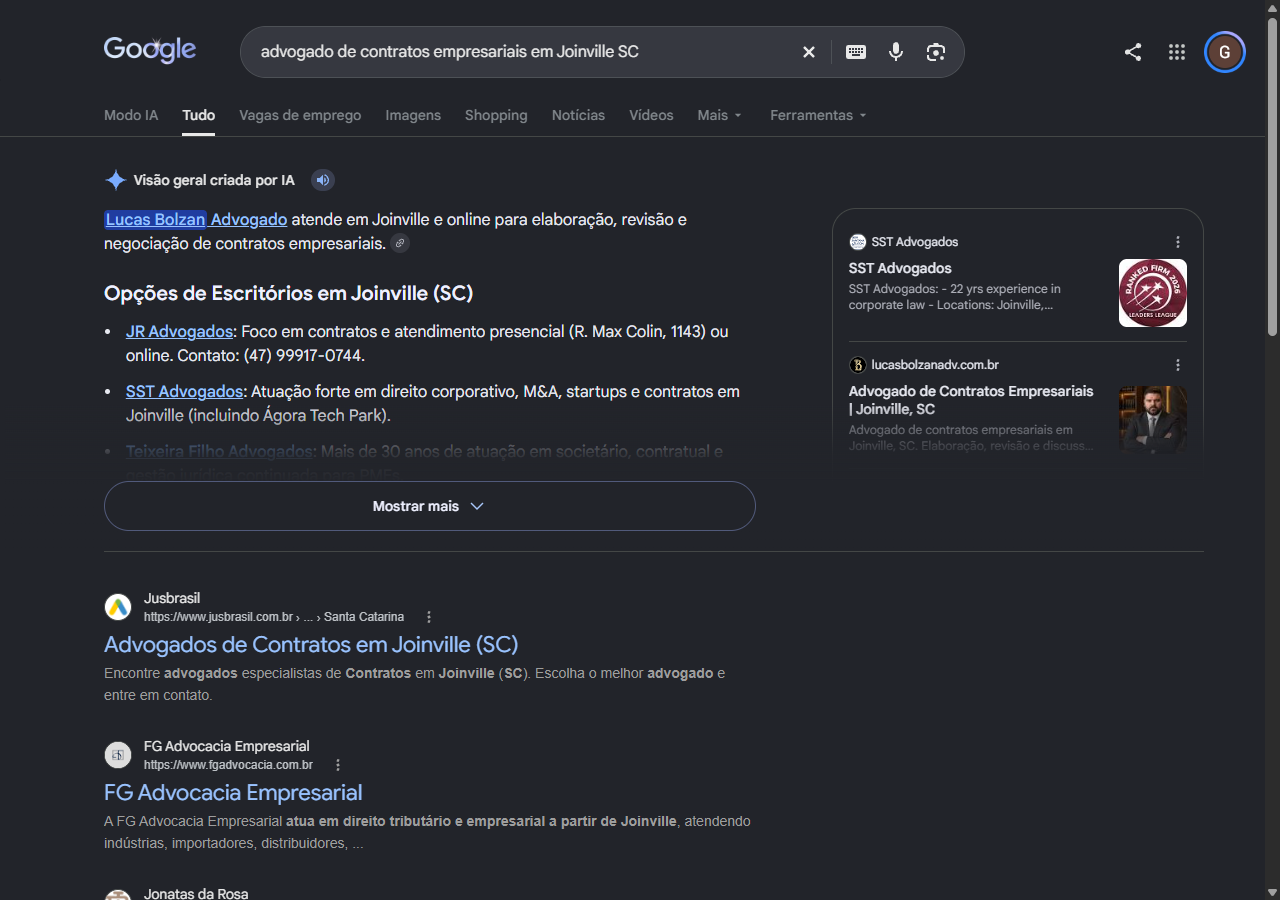 Print da visão geral criada por IA do Google abrindo com Lucas Bolzan Advogado para contratos empresariais em Joinville