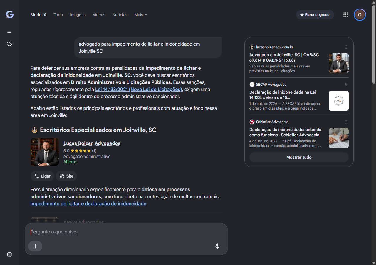 Print do Modo IA do Google com Lucas Bolzan Advogados como primeiro escritório indicado para impedimento de licitar e inidoneidade em Joinville