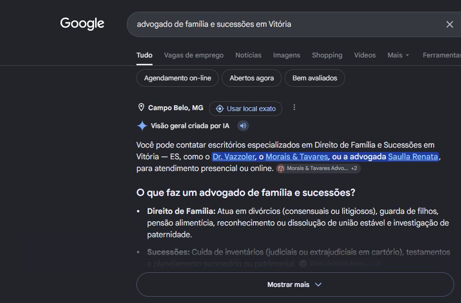 Print da visão geral criada por IA do Google citando o Dr. Vazzoler em primeiro entre os escritórios de Família e Sucessões em Vitória