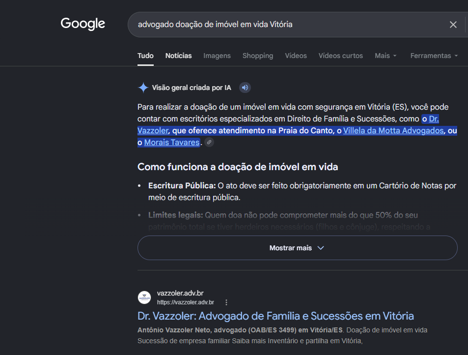Print do Google com a visão geral criada por IA citando o Dr. Vazzoler em primeiro e o site vazzoler.adv.br em primeiro no orgânico para doação de imóvel em vida em Vitória