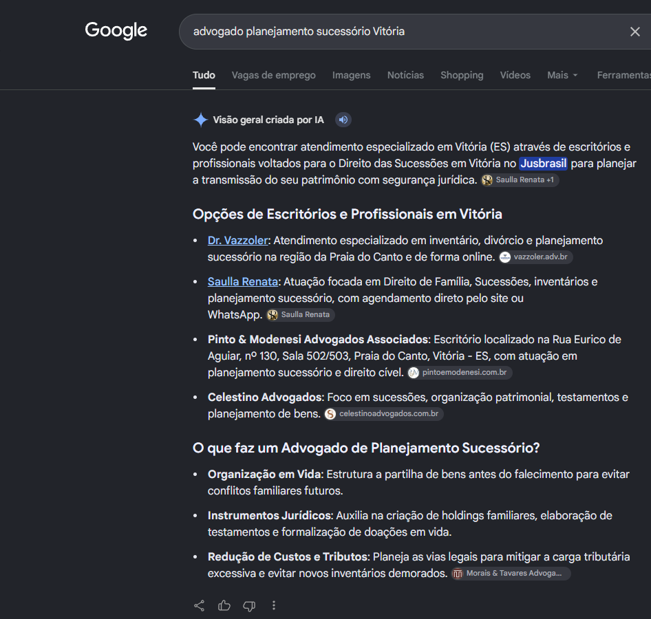 Print do AI Overview do Google com o Dr. Vazzoler em primeiro nas Opcoes de Escritorios e Profissionais em Vitoria para planejamento sucessorio