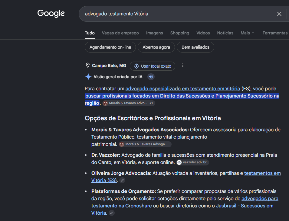 Print do AI Overview do Google com o Dr. Vazzoler entre as Opcoes de Escritorios e Profissionais em Vitoria para advogado de testamento