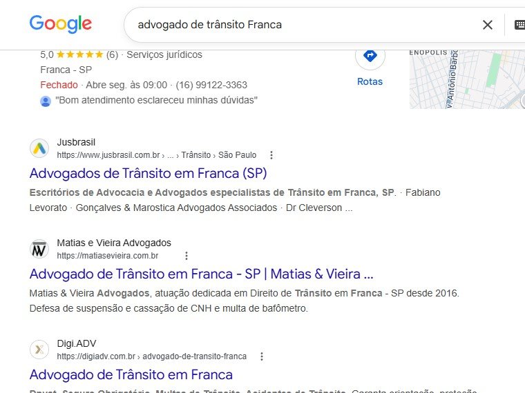 Print do Google para advogado de trânsito em Franca com o site do Matias e Vieira como primeiro escritório