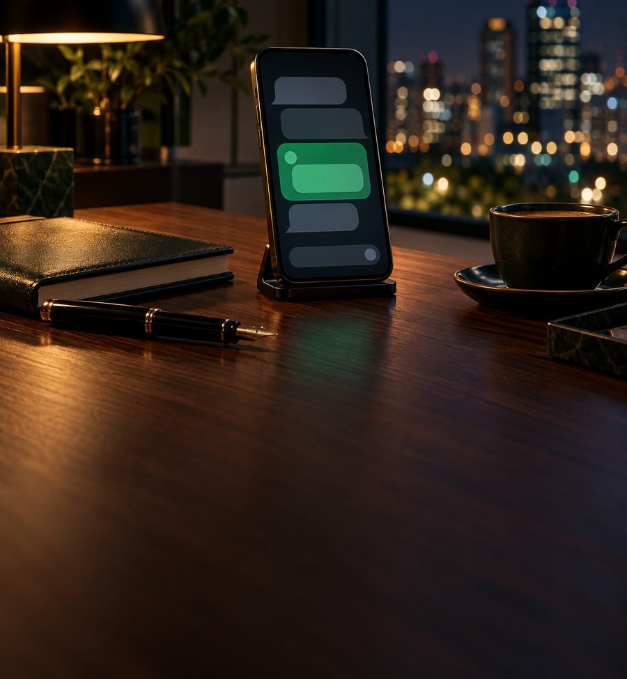 Celular com uma resposta de IA sobre a mesa do escritório
