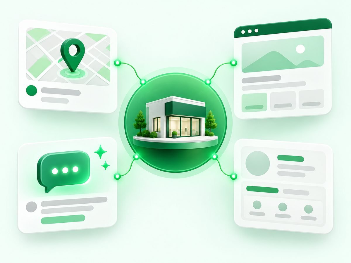 Ilustração de um ponto central ligado ao mapa, ao site, às avaliações e às conversas