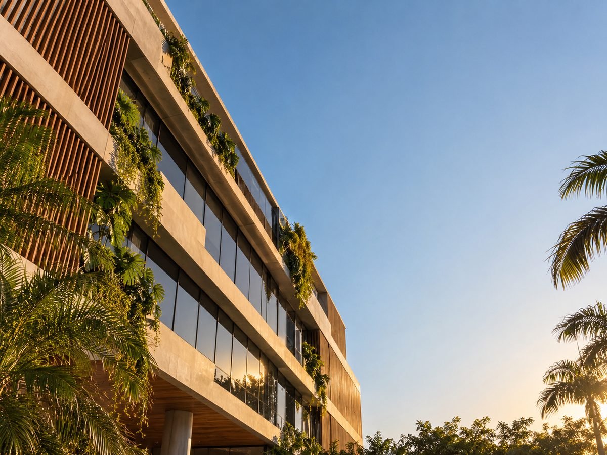 Fachada de edifício contemporâneo com vegetação ao entardecer
